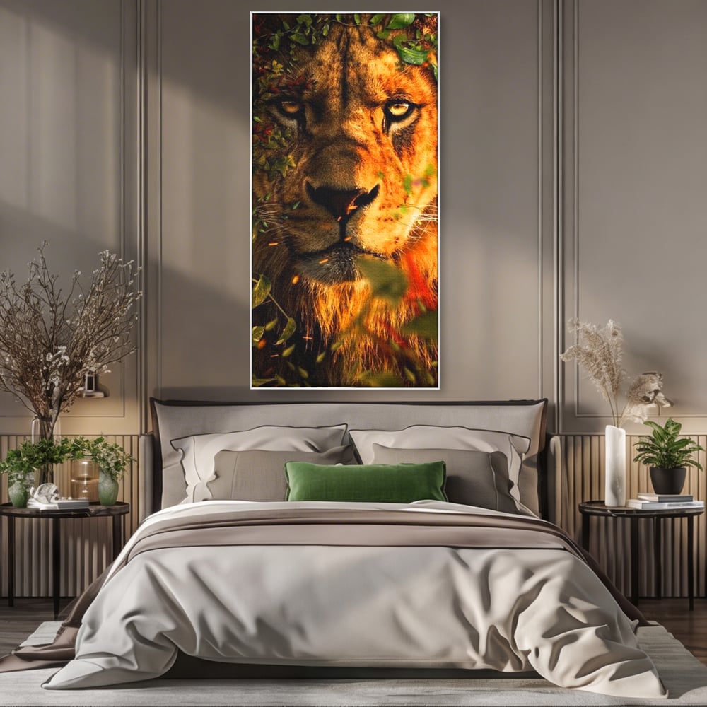 Tablou canvas cu tablou canvas cu leu mascat in frunzis, in rama de aluminiu argintiu, pe perete intr-un dormitor